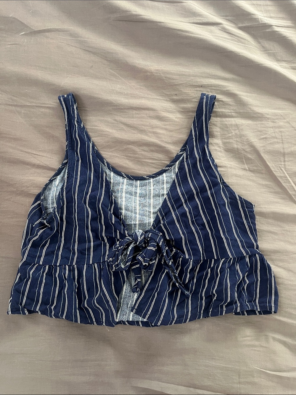 LA Hearts Reversible Navy Blue Striped Ruffled Peplum Crop Tank Top